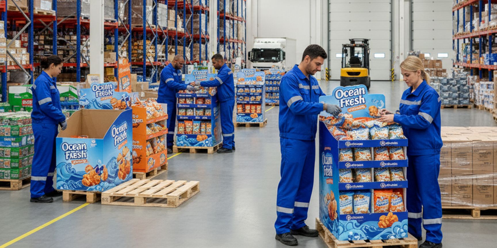 Mitarbeiter konfektionieren und bestücken bunte Warendisplays in einer modernen Logistikhalle für den Point of Sale.